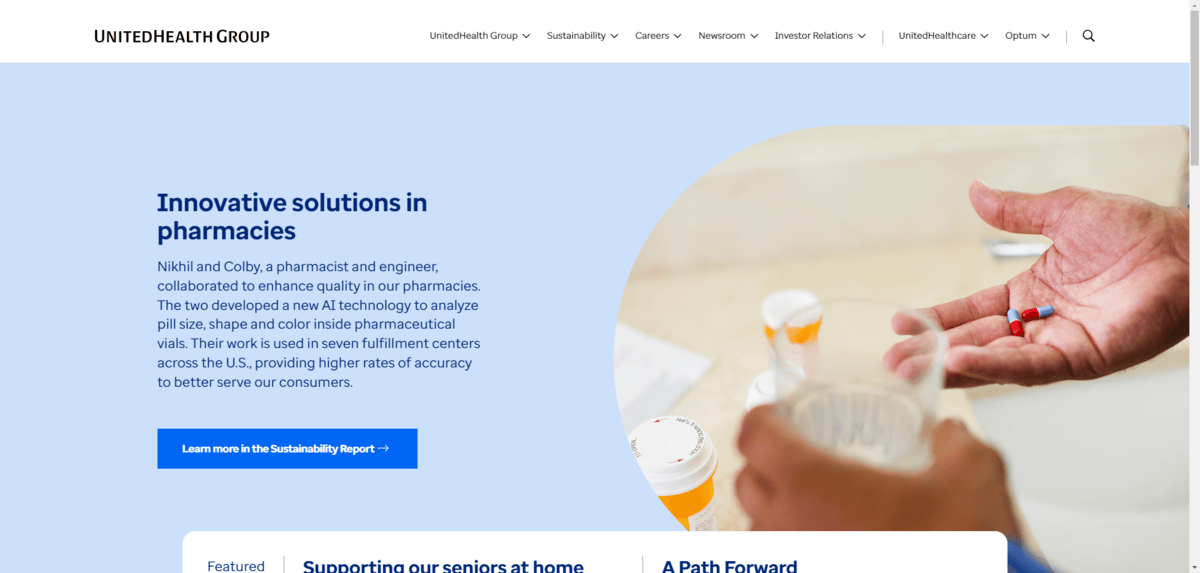 A screenshot from the UnitedHealth homepage shows how much color is used in the web design. The header at the top has a white background. However, the vast majority of the hero section is blue. From the light blue background section to the dark blue text and bright blue button on top of it.