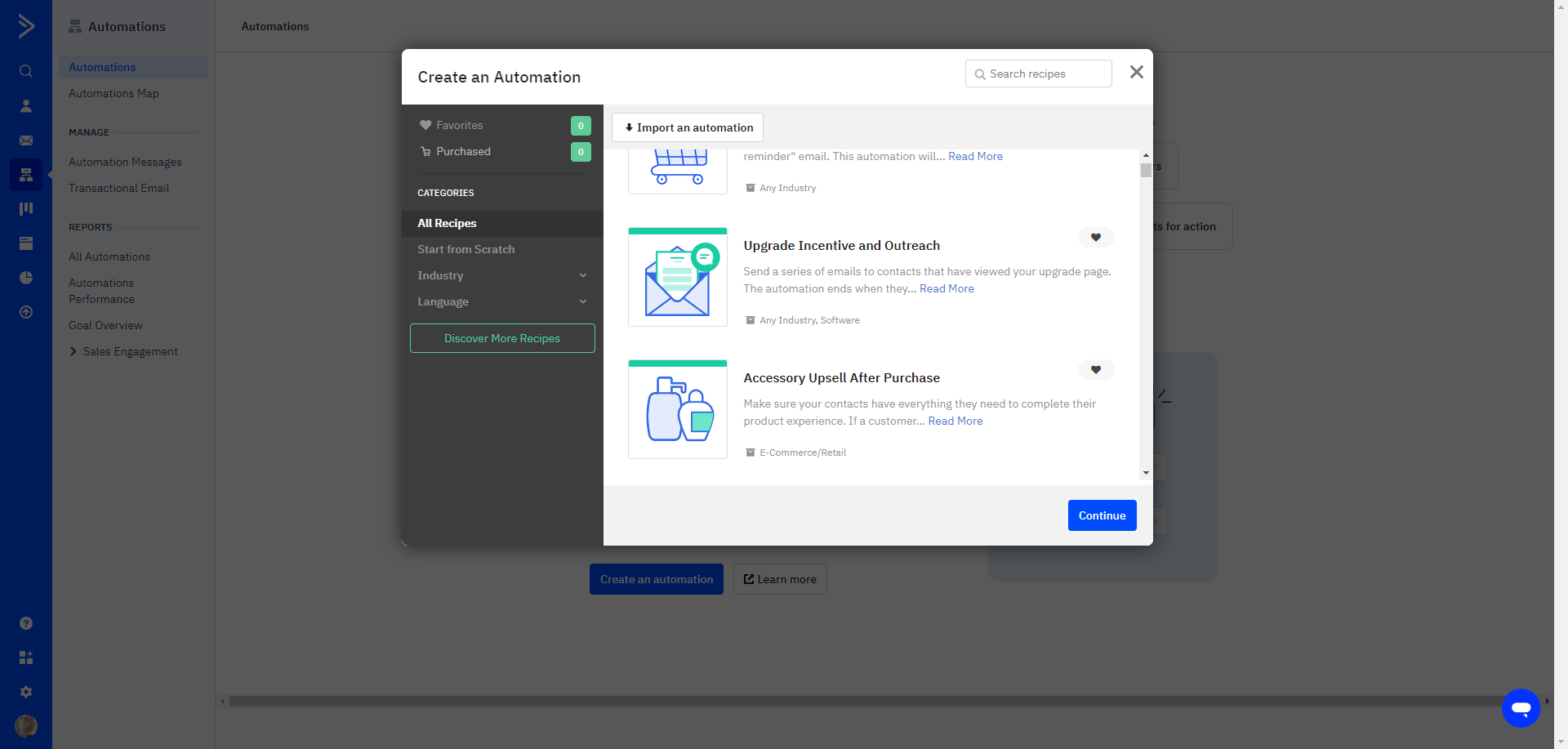 When creating a new email marketing automation in ActiveCampaign, users have the ability to design it from-scratch or to start with a template. In this screenshot, we see a couple examples — 'Upgrade Incentive and Outreach' and 'Accessory Upsell After Purchase.'