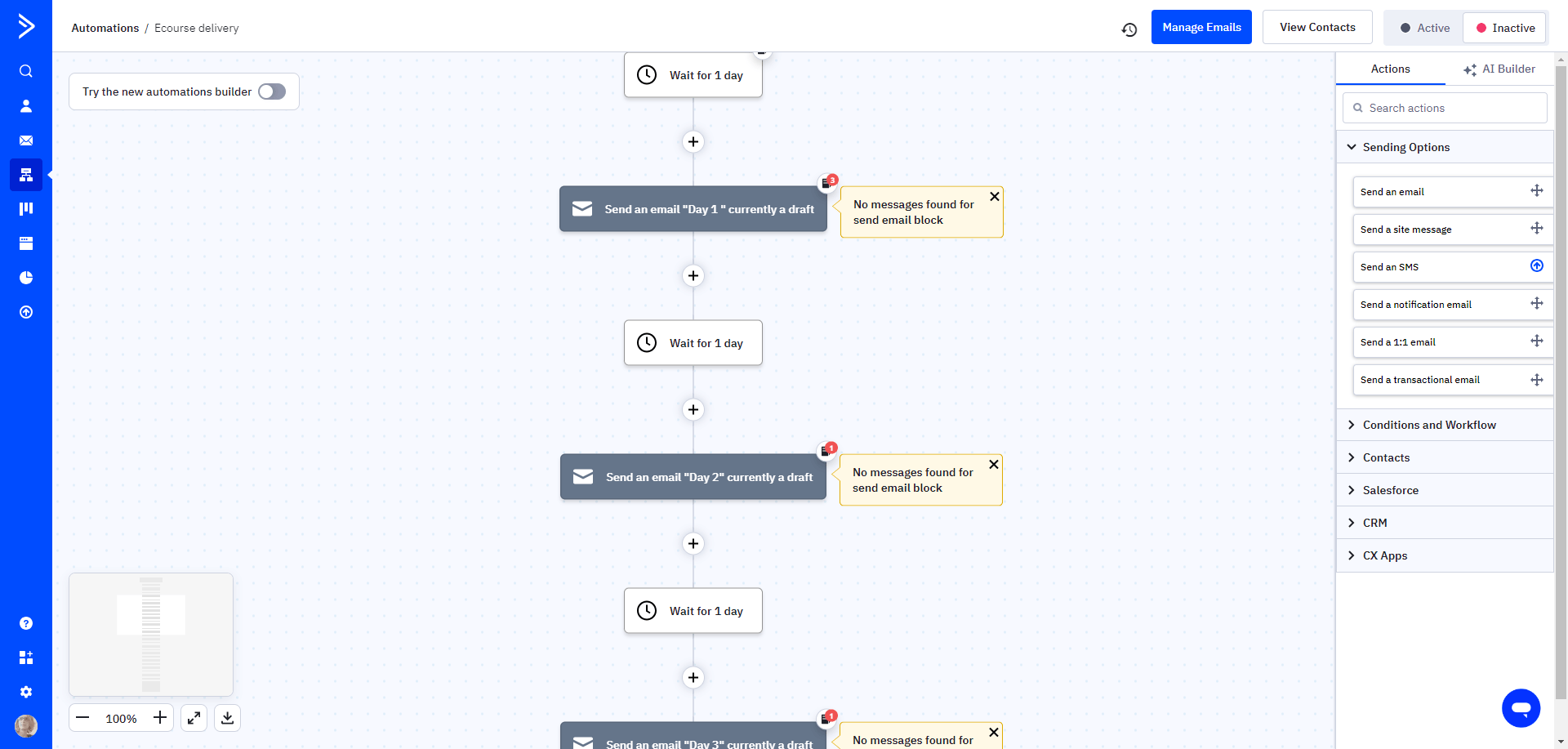 In this example from ActiveCampaign, we see what a visualized email sequence template looks like. The user then goes in and customizes the messaging for each day, sets the schedule, adds triggers, and more.