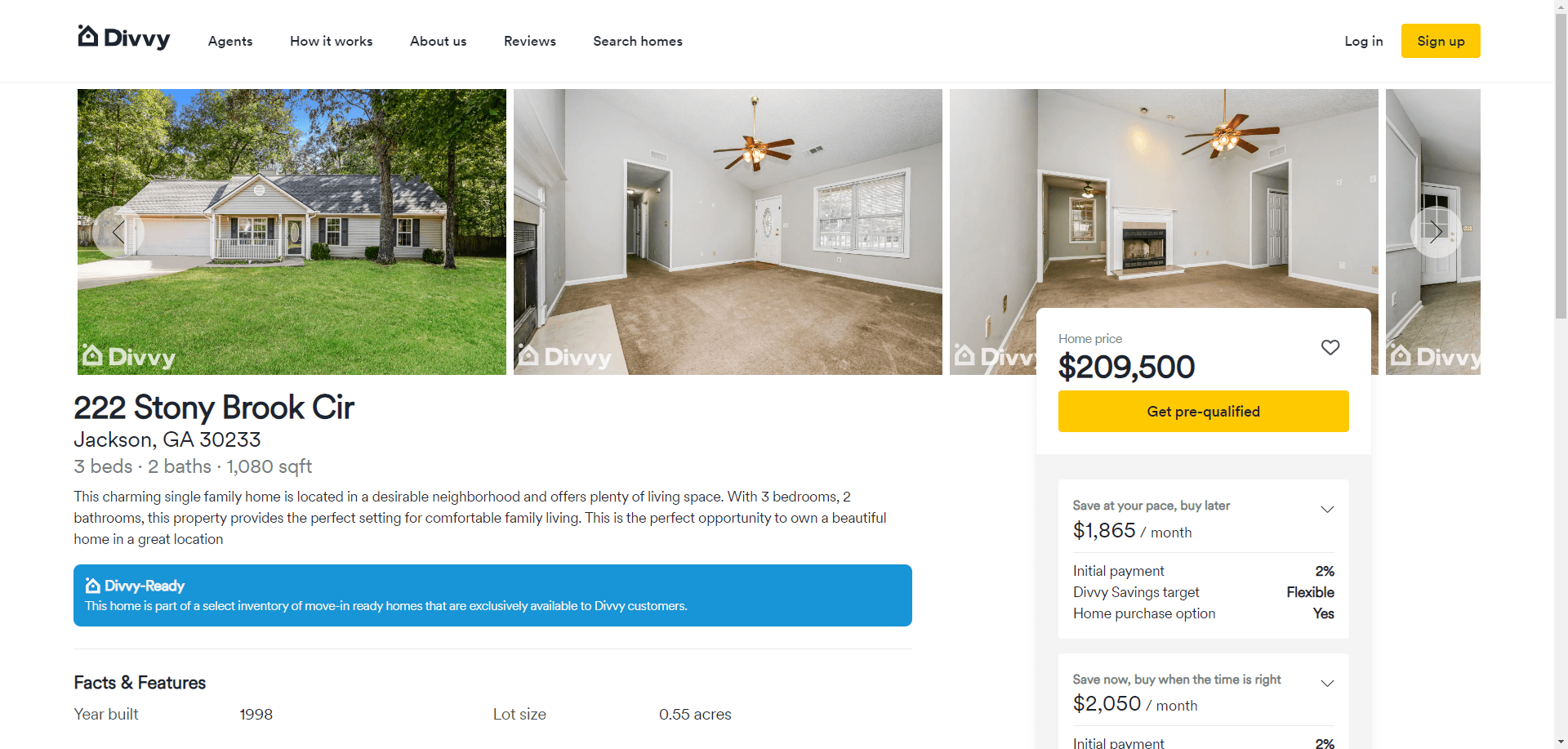 A property listing page on the Divvy website. At the top are images of the property for sale. On the bottom-left is a description of the property, including the address, number of bedrooms and baths, and short description. On the right is the home price as well as options for how to rent-to-buy it.