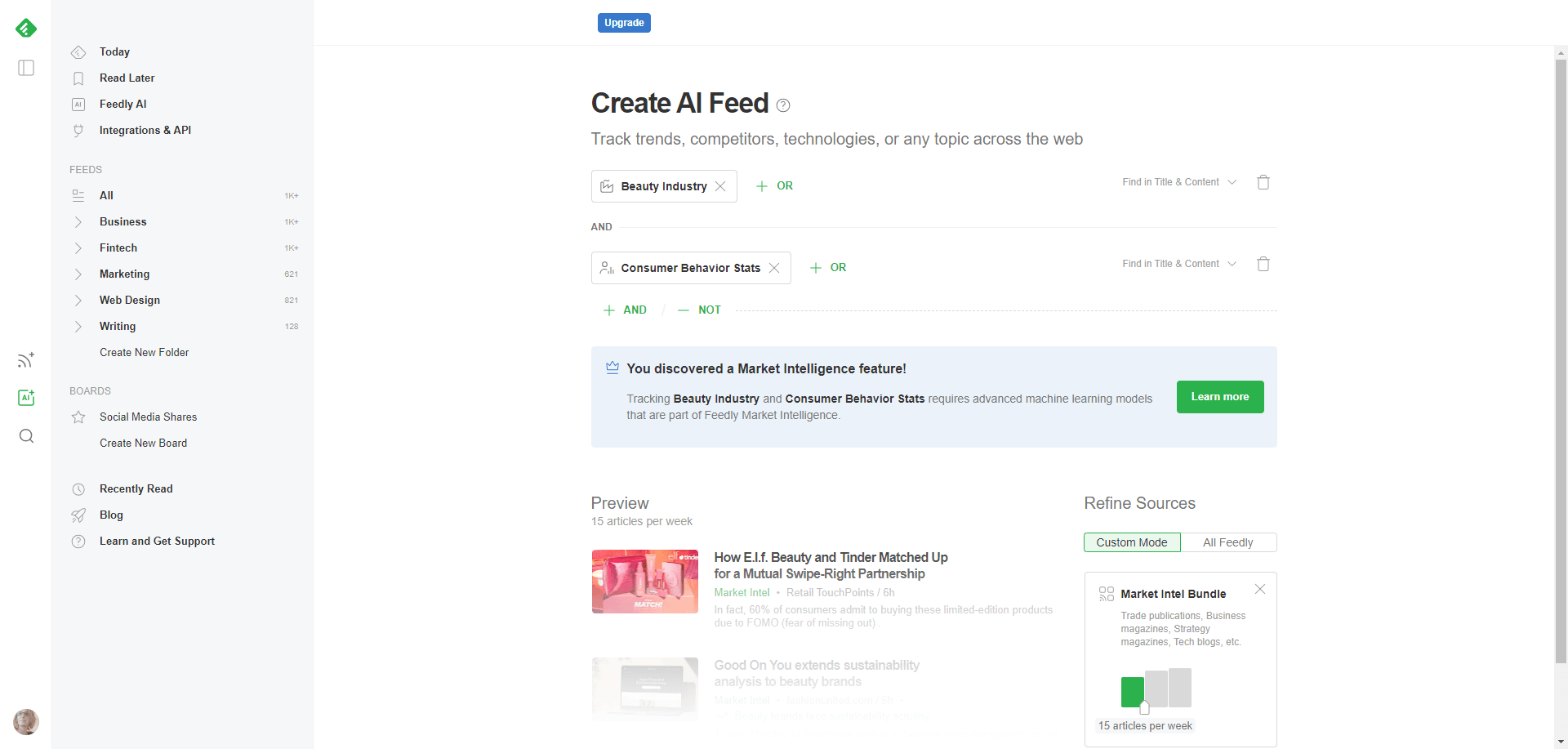 In Feedly, users can create AI feeds that track trends, competitors, technologies, and other topics. It uses machine learning to pull in data related to your industry and goals, like Consumer Behavior Stats in the Beauty Industry.