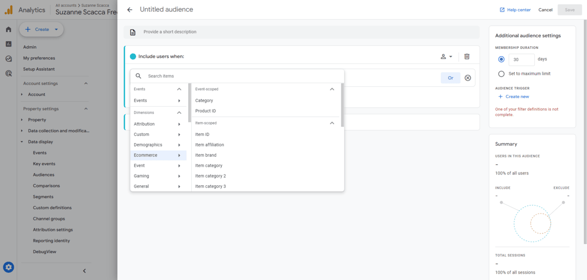 In Google Analytics, you can create a custom audience or user segment to track. You’ll do this from the Admin panel. You can use all the data available in Google Analytics to include and exclude certain users.