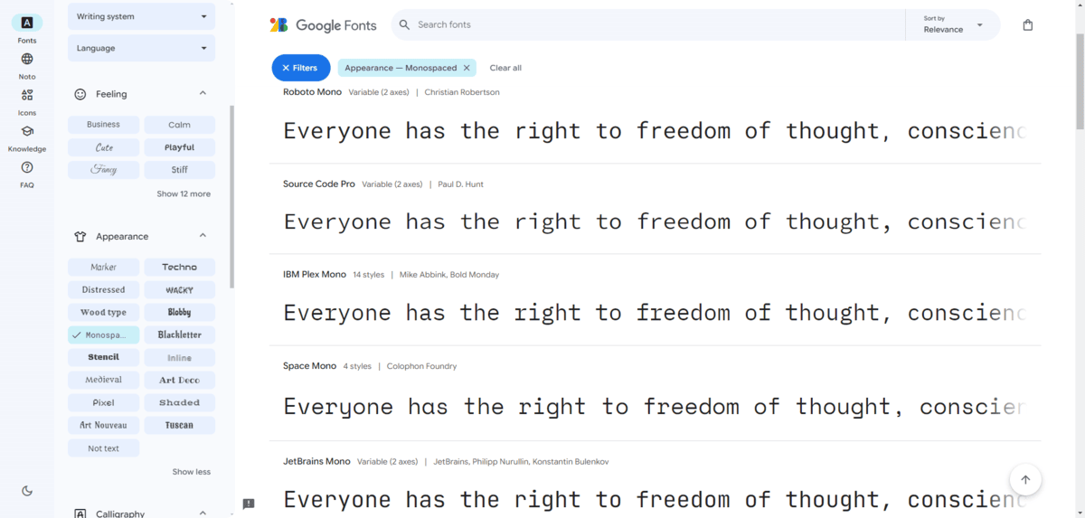 A screenshot from Google Fonts of a search for Monospaced fonts. The examples shown are Roboto Mono, Source Code Pro, IBM Plex Mono, Space Mono, and JetBrains Mono. A screenshot from Google Fonts of a search for Monospaced fonts. The examples shown are Roboto Mono, Source Code Pro, IBM Plex Mono, Space Mono, and JetBrains Mono.