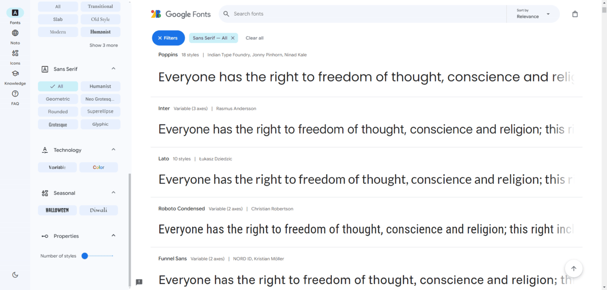 A screenshot from Google Fonts of a search for all sans serif fonts. The examples shown are Poppins, Inter, Lato, Roboto Condensed and Funnel Sans. A screenshot from Google Fonts of a search for all sans serif fonts. The examples shown are Poppins, Inter, Lato, Roboto Condensed and Funnel Sans.