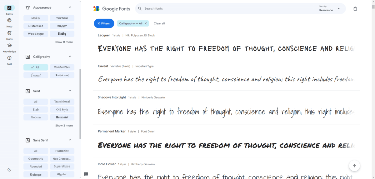 A screenshot from Google Fonts of a search for all calligraphy fonts. The examples shown are Lacquer, Caveat, Shadows Into Light, Permanent Marker and Indie Flower. A screenshot from Google Fonts of a search for all calligraphy fonts. The examples shown are Lacquer, Caveat, Shadows Into Light, Permanent Marker and Indie Flower.
