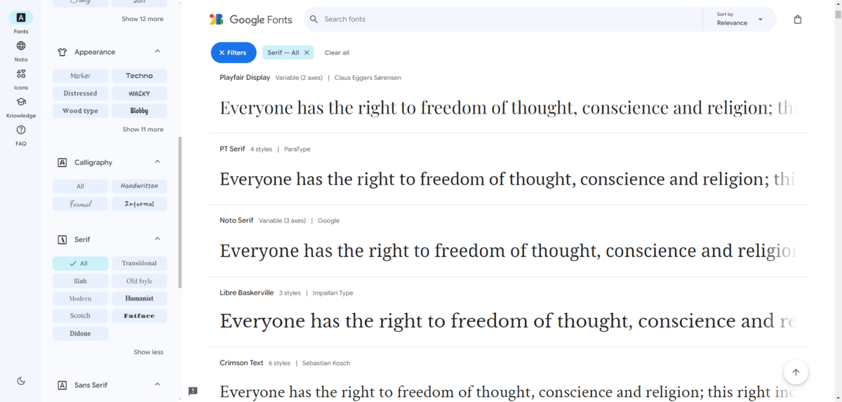 A screenshot from Google Fonts of a search for all serif fonts. The examples shown are Playfair Display, PT Serif, Noto Serif, Libre Baskerville, and Crimson Text. A screenshot from Google Fonts of a search for all serif fonts. The examples shown are Playfair Display, PT Serif, Noto Serif, Libre Baskerville, and Crimson Text.