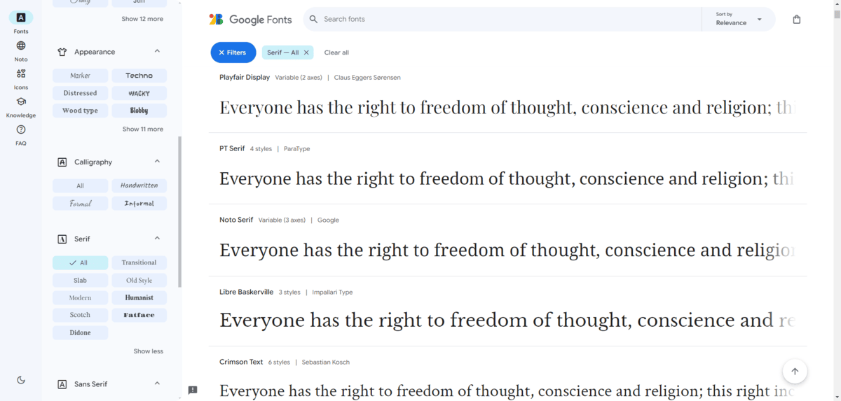 A screenshot from Google Fonts of a search for all serif fonts. The examples shown are Playfair Display, PT Serif, Noto Serif, Libre Baskerville, and Crimson Text.