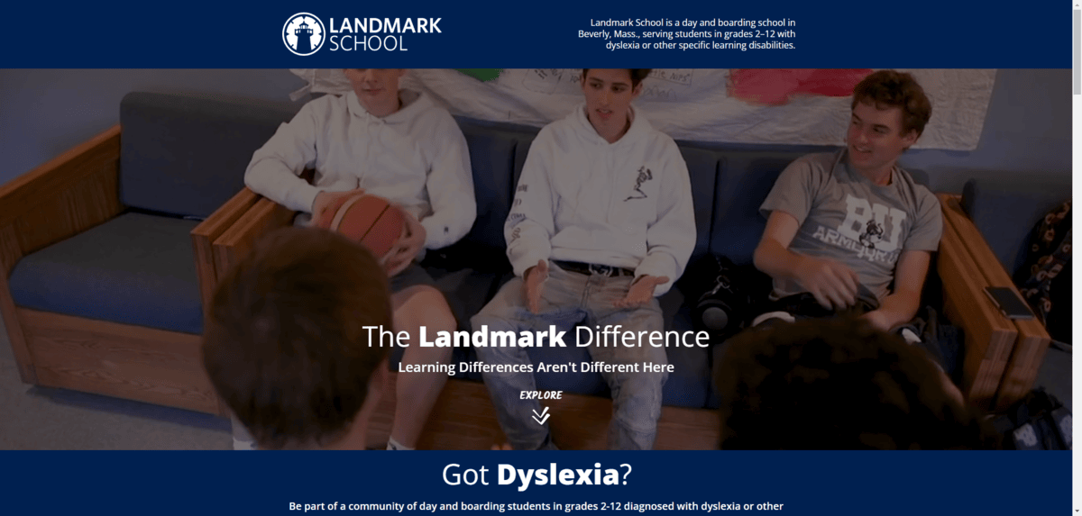 A screenshot from the website for the Landmark School. The large headings “The Landmark Difference” and “Got Dyslexia” use Open Sans. The smaller bodies of text use Arial.