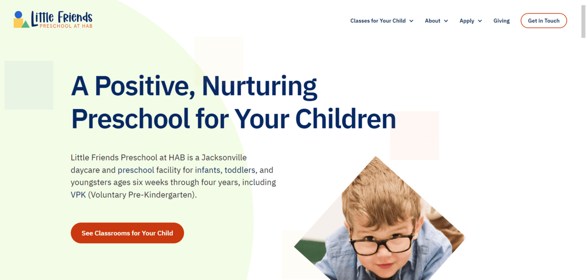 A screenshot of the Little Friends Preschool home page. We see what the IBM Plex Sans font looks like when used as the heading and body.