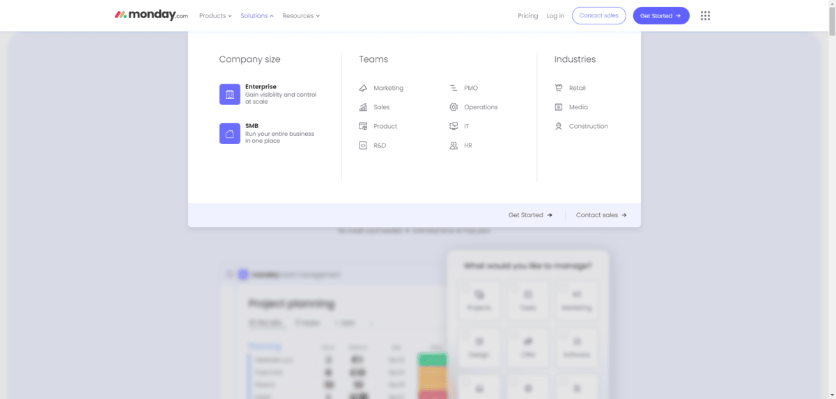 On the Monday.com website, open the Solutions tab in the navigation. You’ll see three major segments of users: Company size (Enterprise and SMB), Teams (Marketing, Sales, Product, R&D, PMO, Operations, IT, and HR), and Industries (Retail, Media, and Construction).