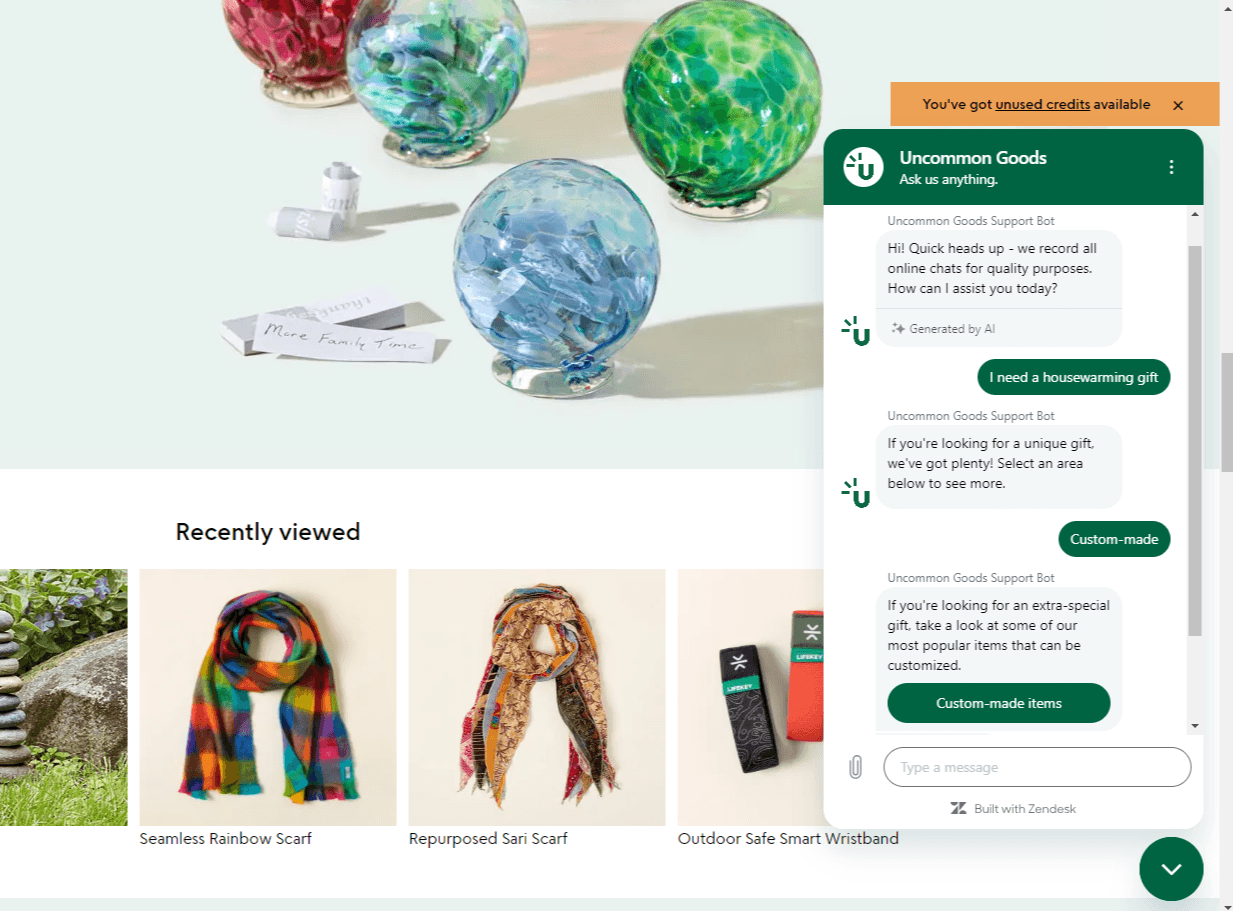 Uncommon Goods has a chatbot on its website that will help customers find products in the shop, check on order status, request a return, and more.