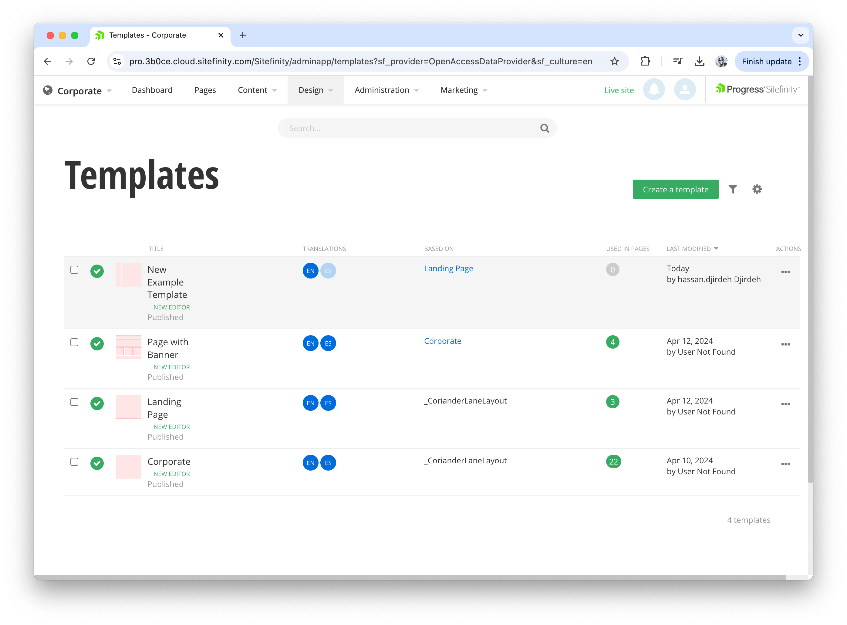 Sitefinity template list