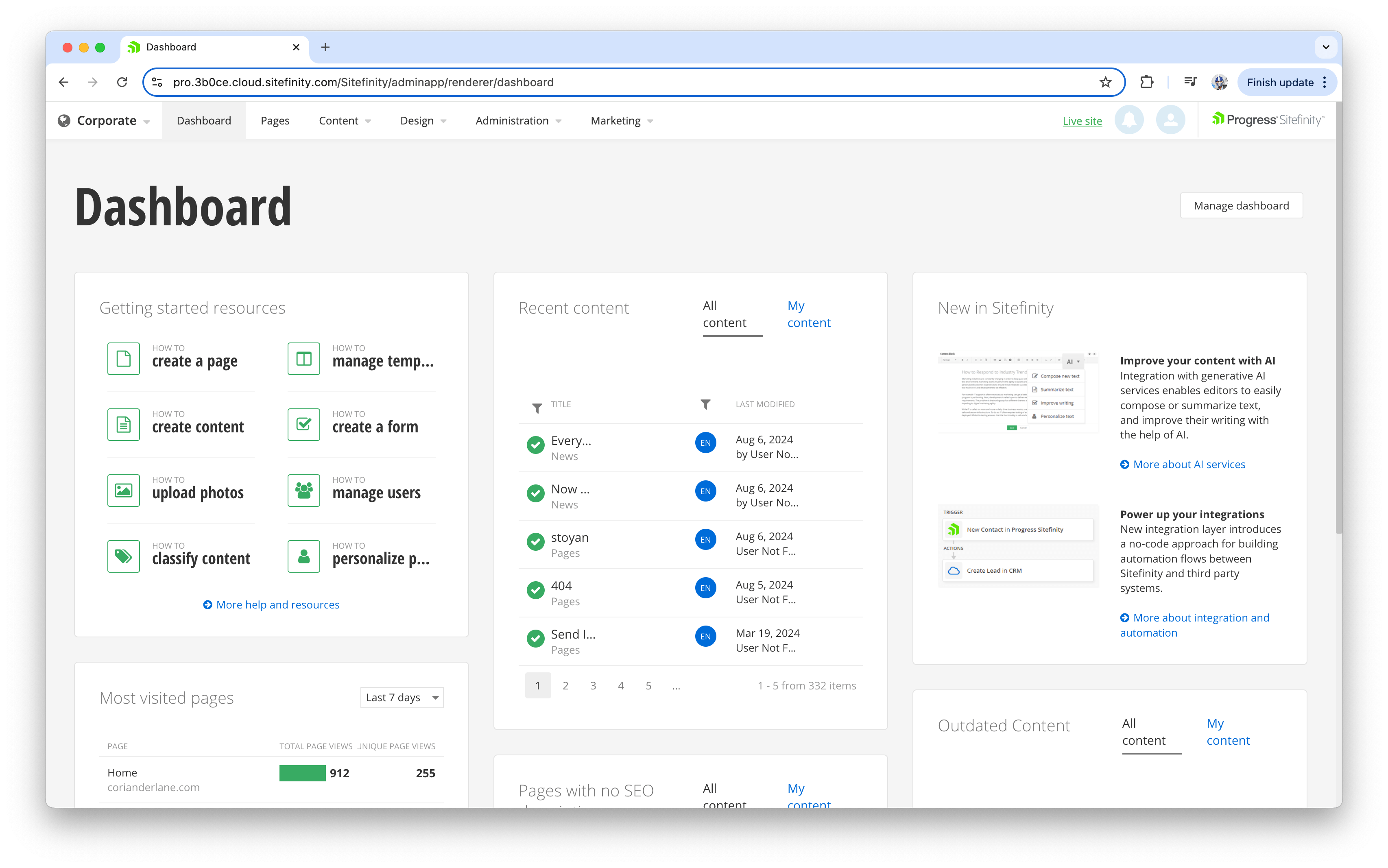 Sitefinity admin dashboard Sitefinity admin dashboard
