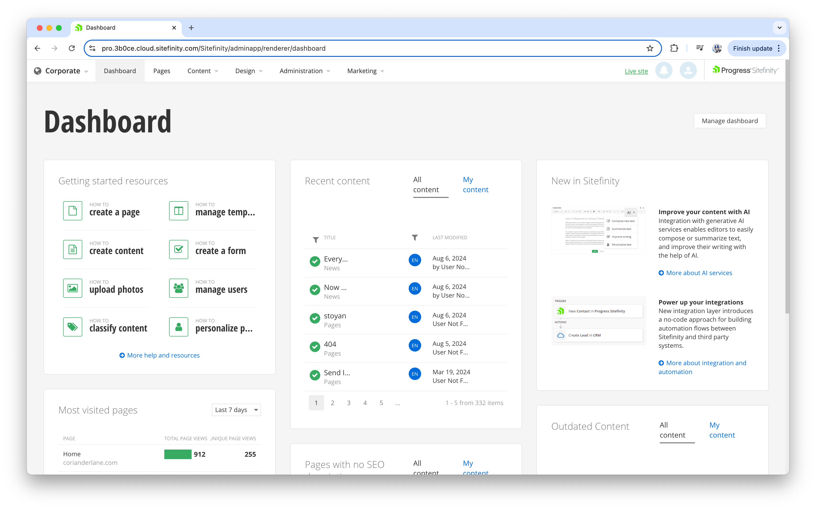 Sitefinity admin dashboard