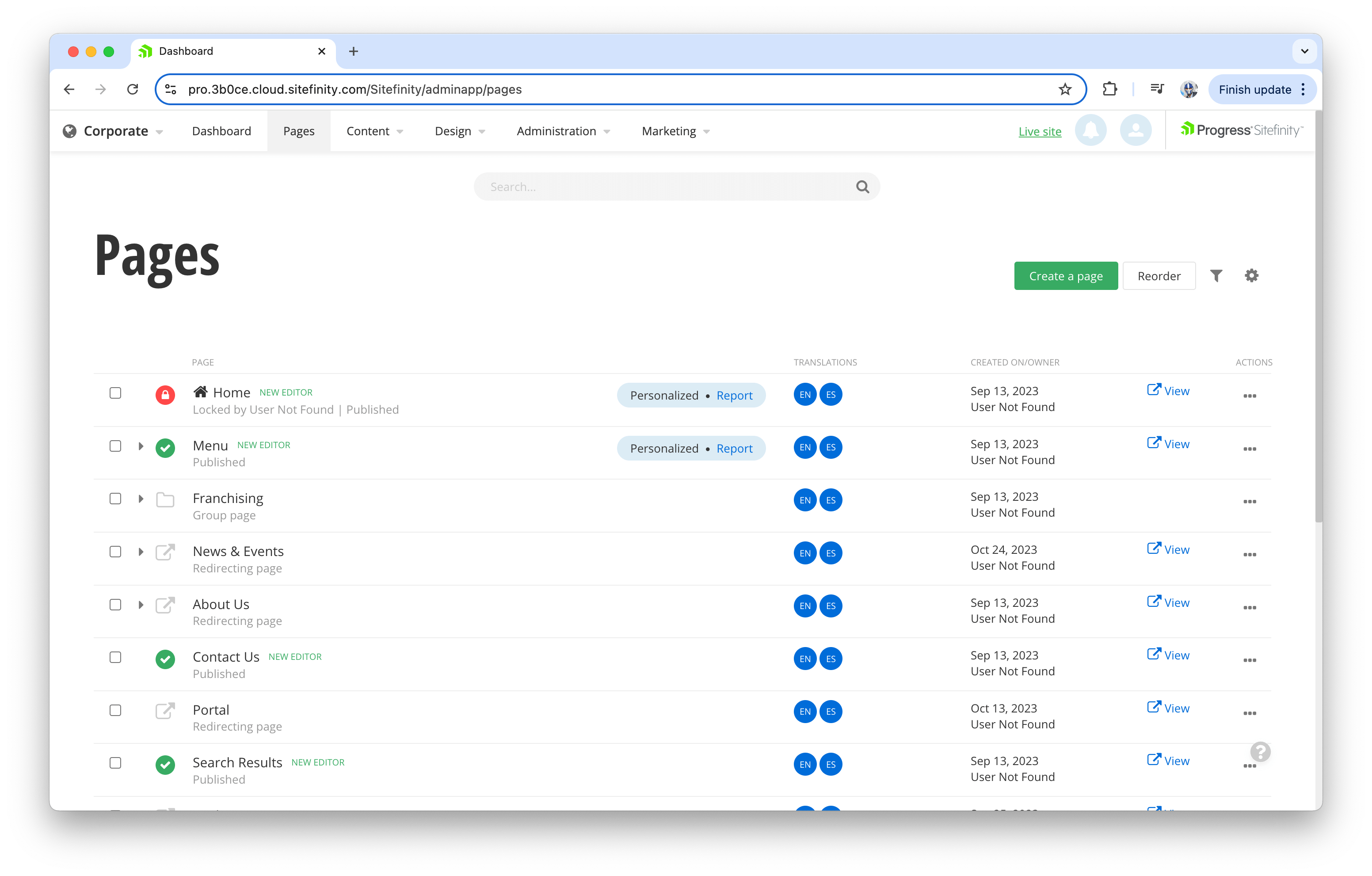 Sitefinity admin pages Sitefinity admin pages