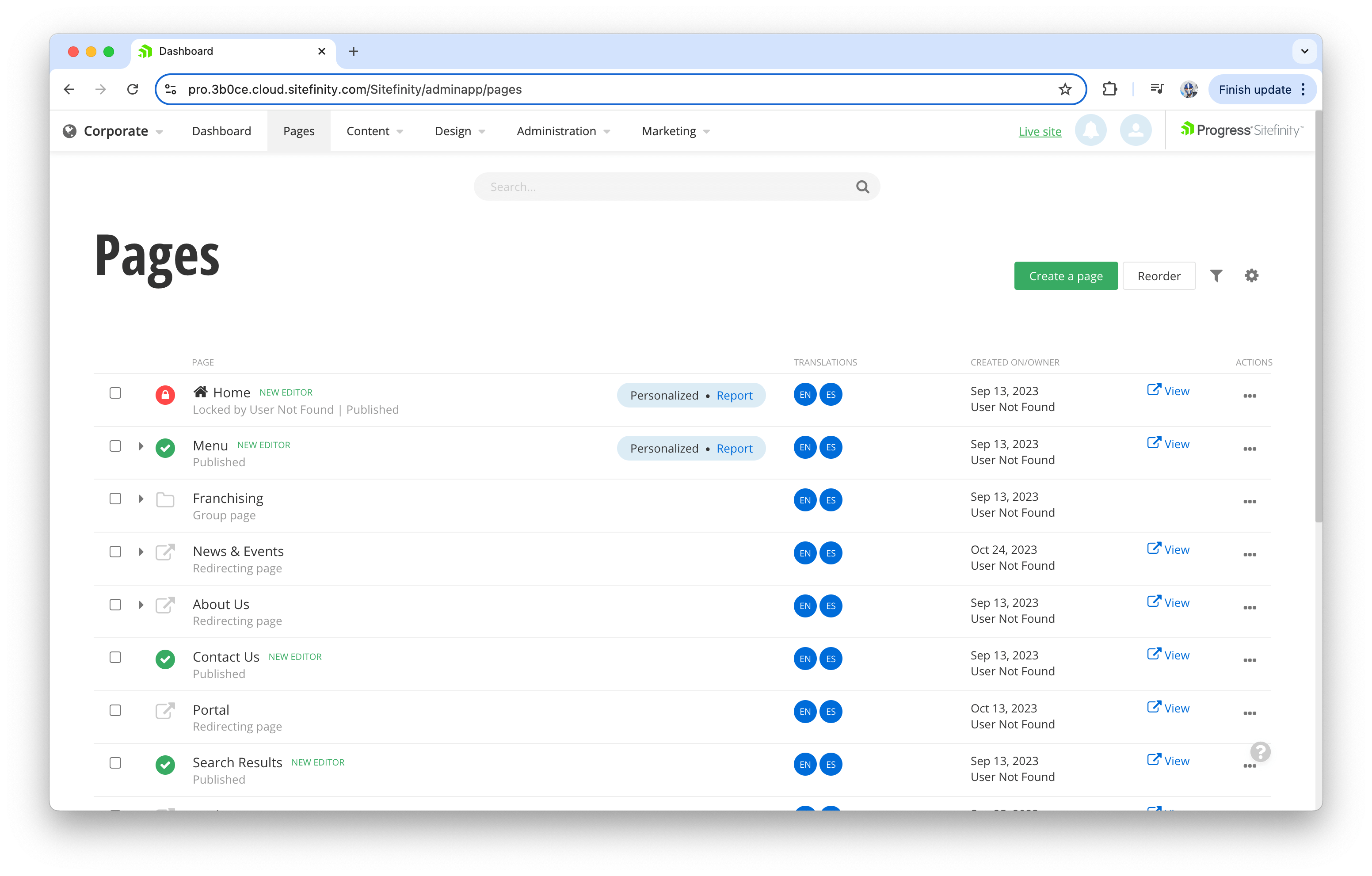 Sitefinity admin pages