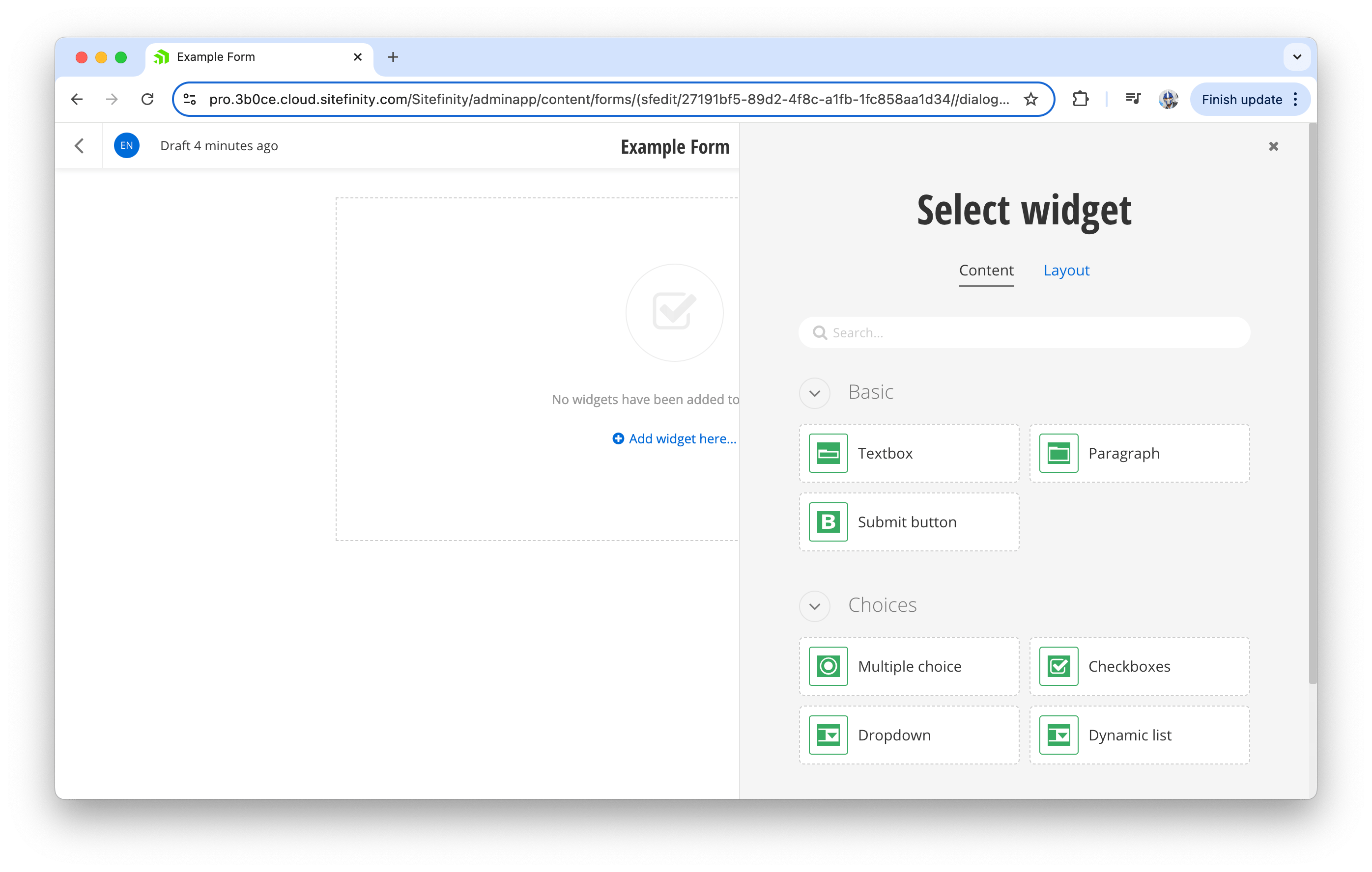 Sitefinity form add widget