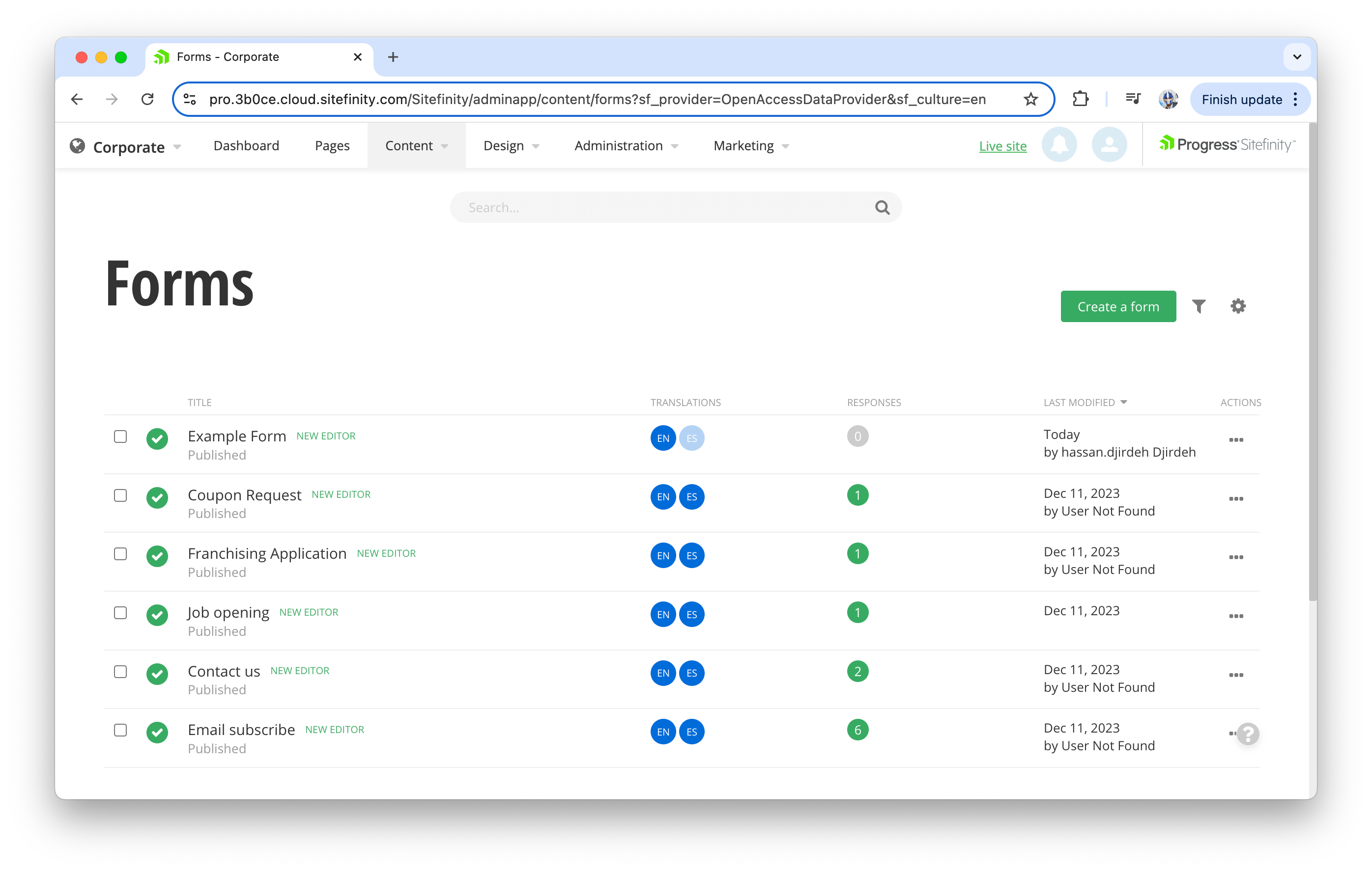 Sitefinity forms list