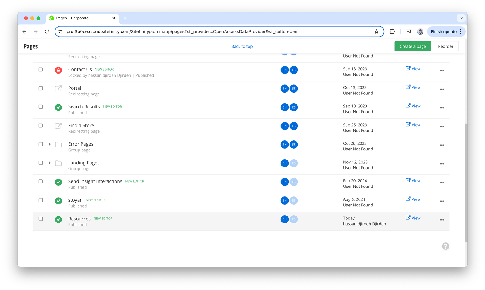 Sitefinity page list