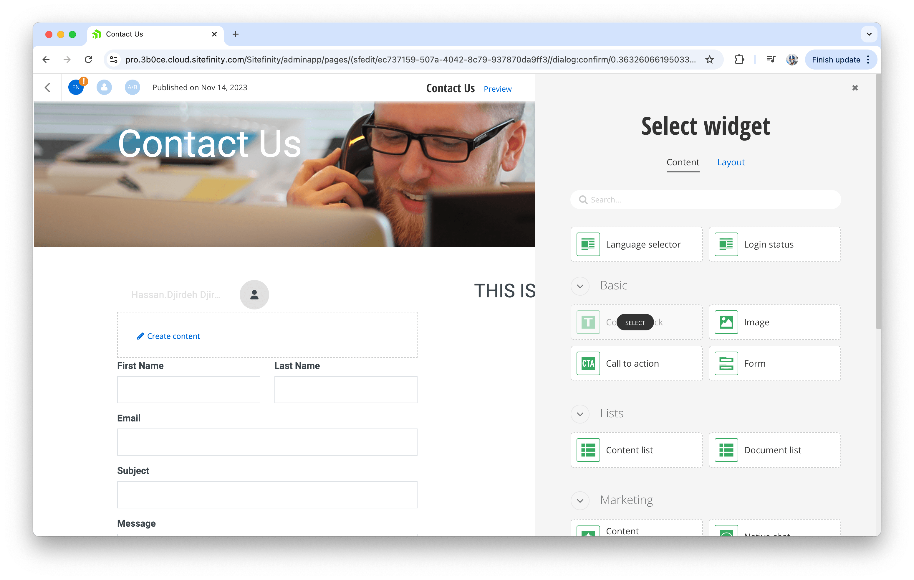 Sitefinity select widget