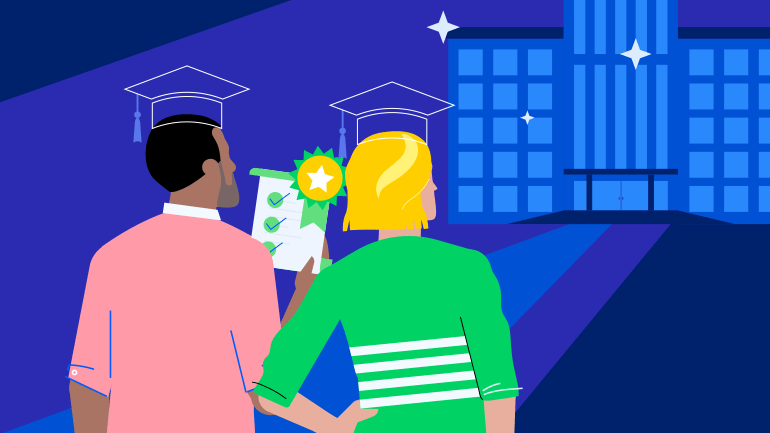 Graphic of two people with graduation caps and a starred exam looking into the distance