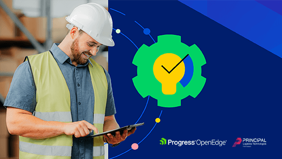 Person in safety vest and hardhat on tablet with OpenEdge and Principal Logistics logos side by side