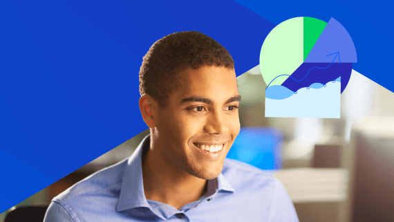 Young man smiling with graphics of pie chart and data graphs