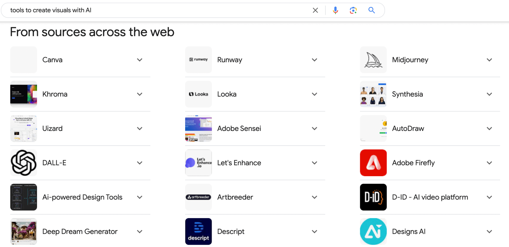 Search for tools to create visuals with AI with list of results