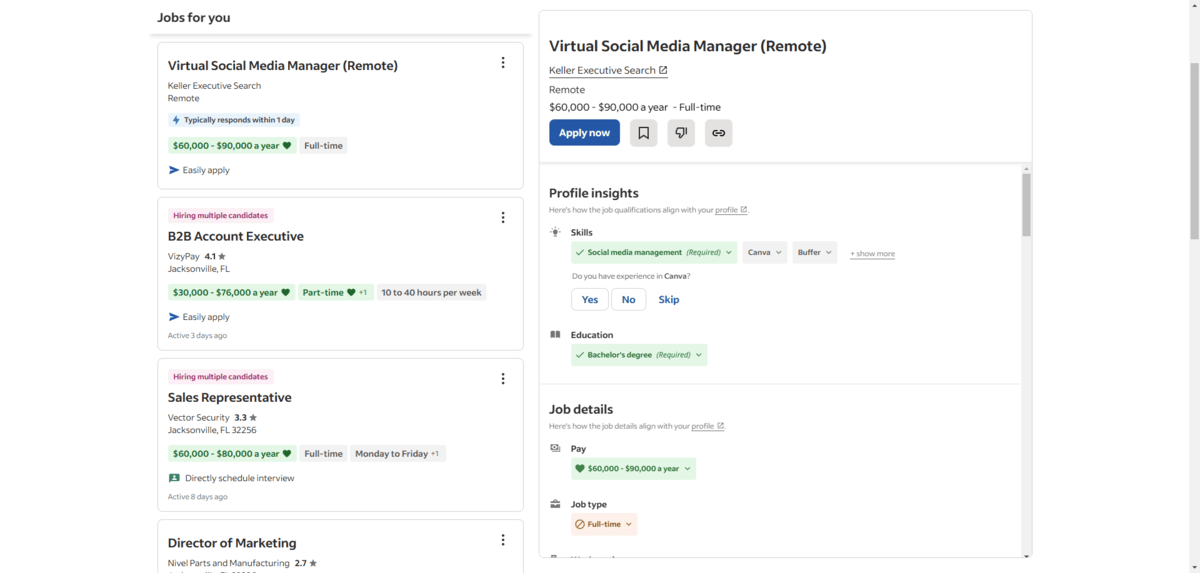 When Indeed users enter the site, the first thing they see is a “Jobs for you” feed that provides job recommendations based on preferences and previous searches. The UI adds colorful blocks to instantly show job seekers how well their experience and preferences match the job as posted.