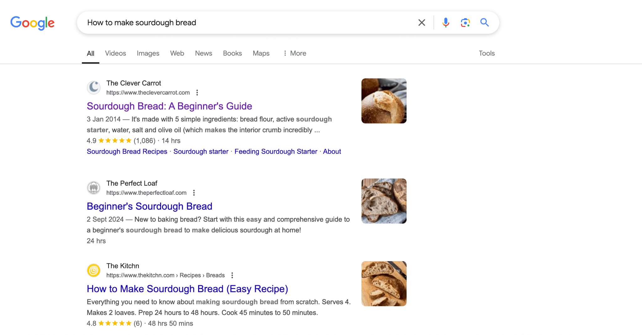 Google search for how to make sourdough bread with recipe results