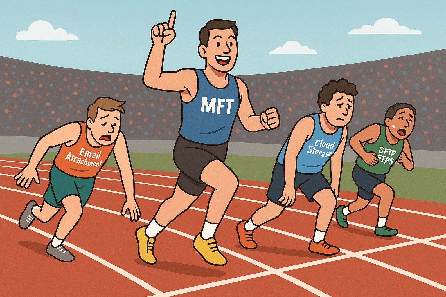 MFT, Cloud Storage, SFTP/FTPS and email attachments personified as track runners, and MFT looks strong and at ease