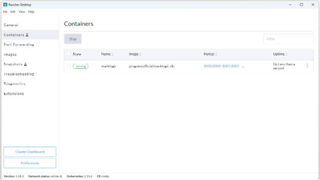 Your MarkLogic container within the Rancher Desktop GUI