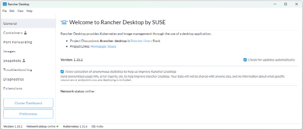 This screenshot shows how a fresh start of Rancher Desktop should look