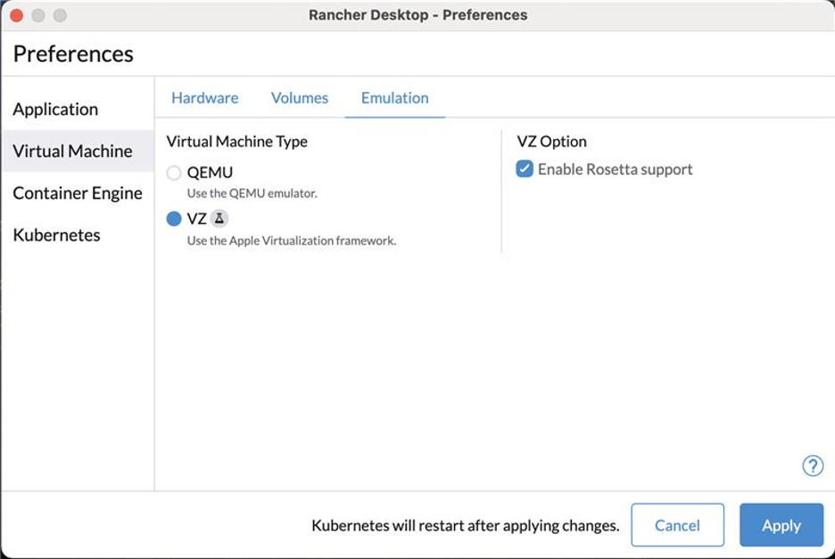 Image that outlines the settings that need to be selected to enable the Apple Virtualization framework along with Rosetta support. These options are required for this to work on macOS.