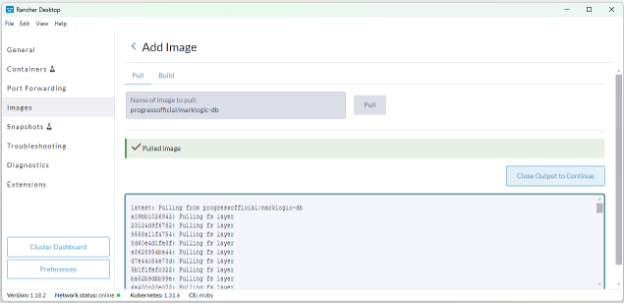 This picture shows what you should see after successfully pulling the MarkLogic Server Docker image.