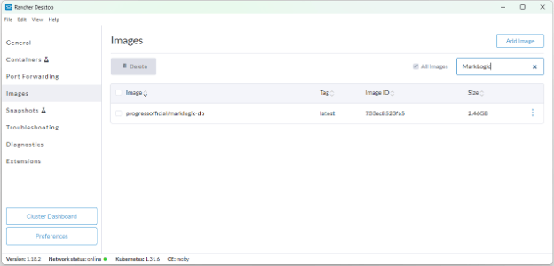 This picture shows how you can search for the MarkLogic image using the textbox on the top right corner. This is after pulling the image.