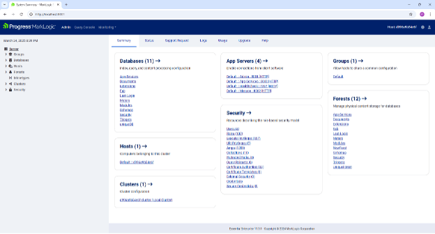 This is a look at the admin UI for the MarkLogic Server image instance that we have successfully deployed