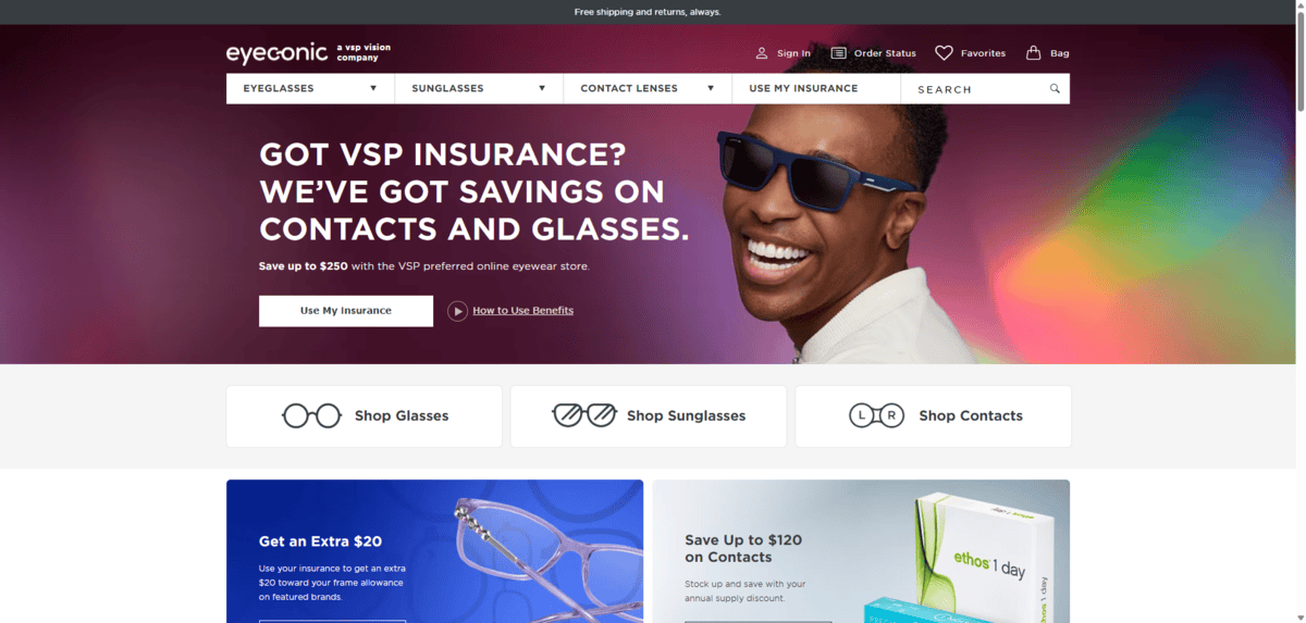 Eyeconic fonts A screenshot from the Eyeconic home page. A man smiles with dark sunglasses on against a purple-ish and colorful background. The text next to him reads: “Got VSP Insurance? We’ve Got Savings on Contacts and Glasses.”