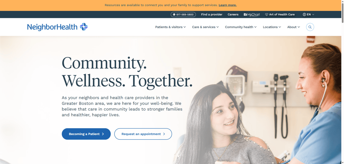 NeighborhoodHealth fonts A screenshot of the homepage hero section for NeighborhoodHealth. We see a medical practitioner with a stethoscope in their ears, listening to the heart of a female patient. The text on the left says: “Community. Wellness. Together.”