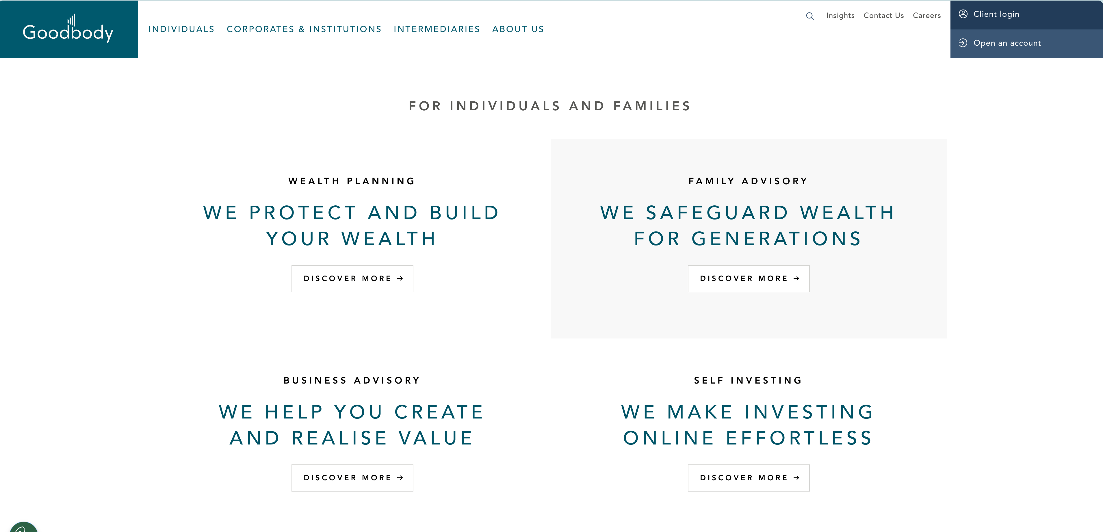 Screenshot of Goodbody website navigation with logo, links for individuals, corporate customers and intermediaries. Includes client login buttons and links to product offerings in wealth planning, family, business advisory, self-investing.