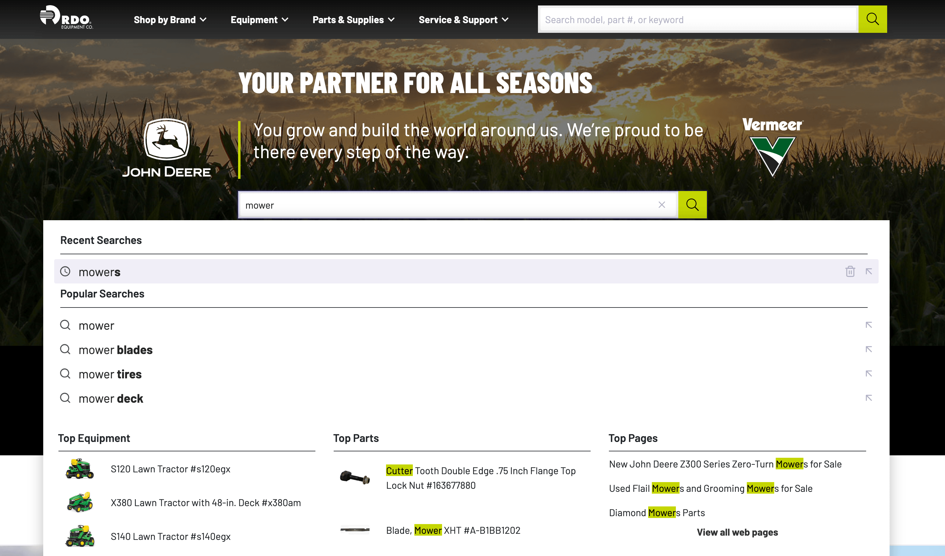 Screenshot of RDO Equipment website showing a search box with suggested terms, related keywords and synonyms. Results update as user types, helping refine queries for equipment, parts and services.