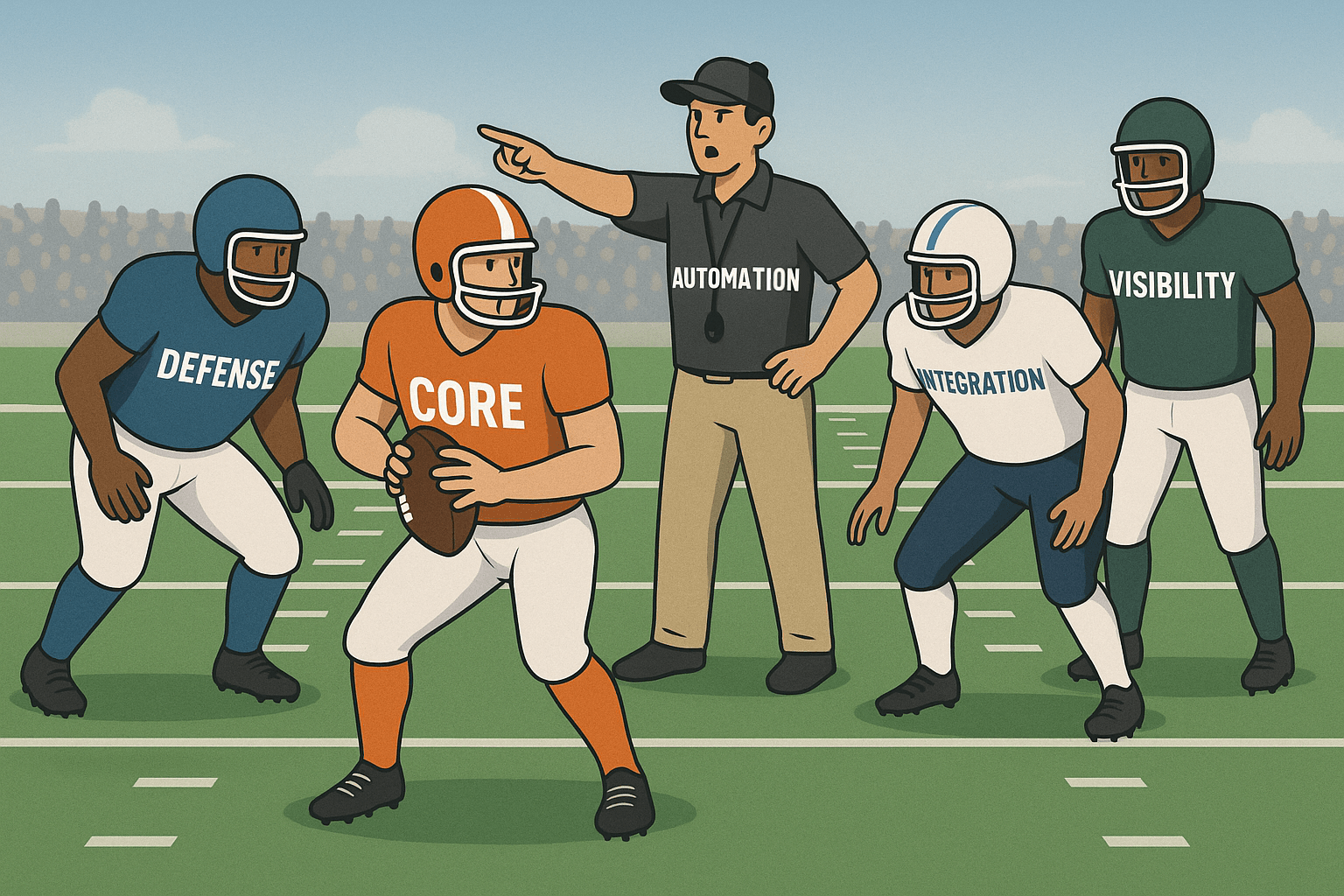 Cartoon illustration personifying these as footballers: Core is the quarterback. Defense, integration, visibility are on the field. Automation is the coach.