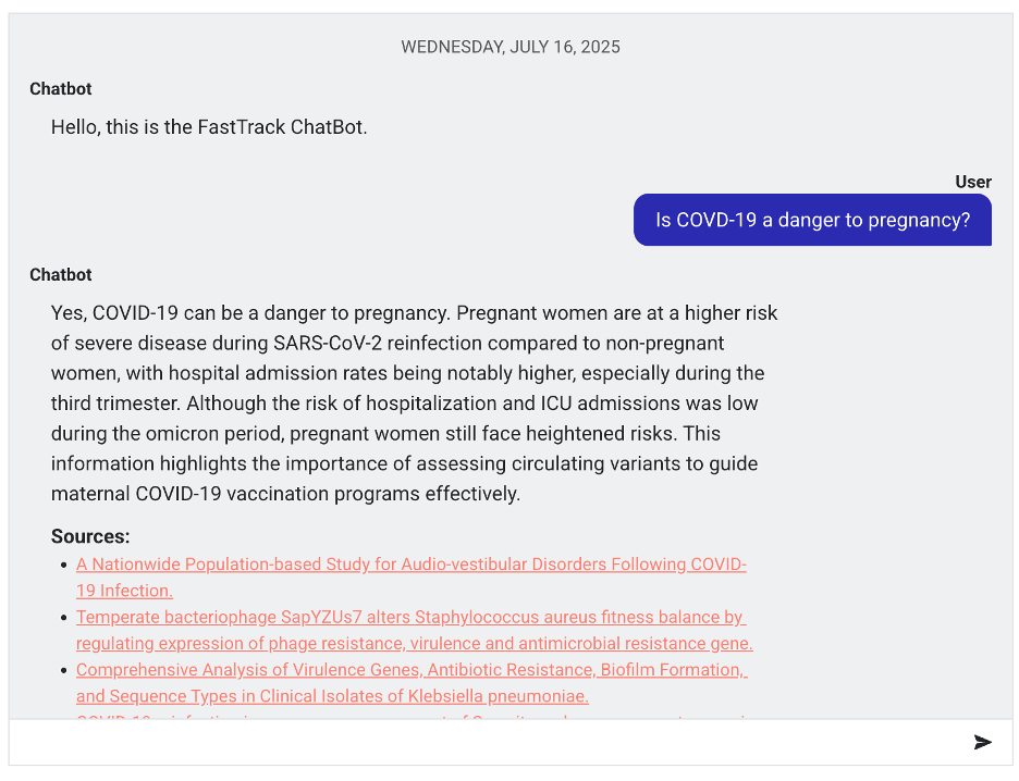 The ChatBot displays the user questions, corresponding backend responses and source information for each response.