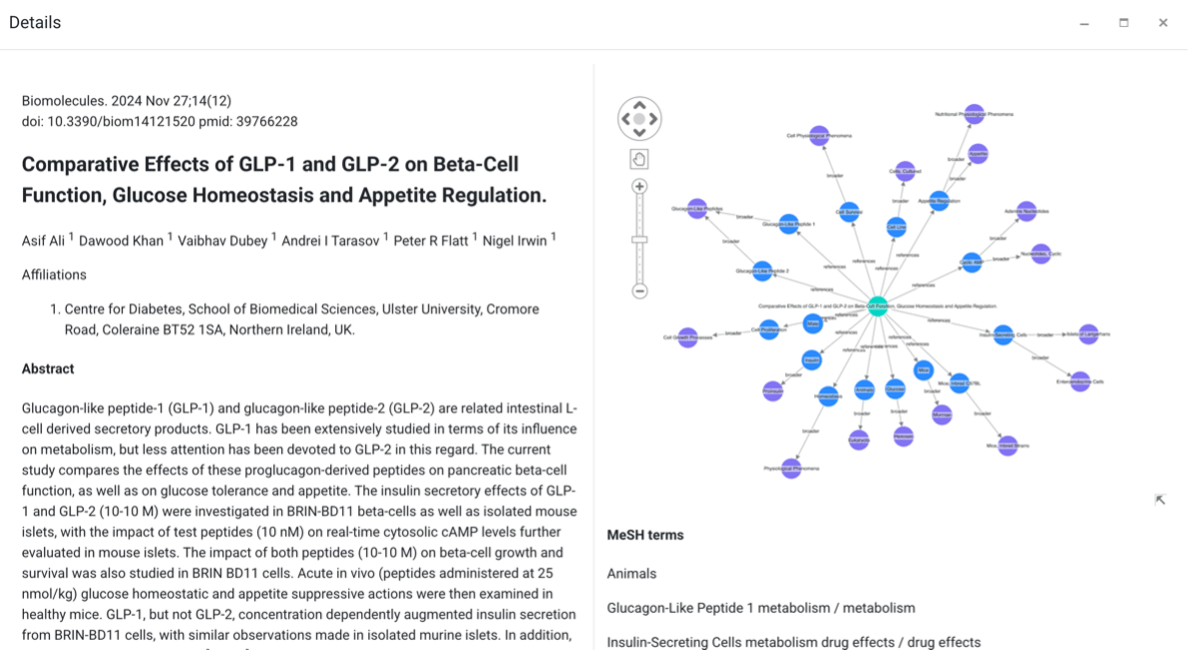 Visualization of how concepts are linked in a knowledge graph with one of the nodes in the graph clicked, which has prompted the left-hand preview of the document linked to that specific concept. 