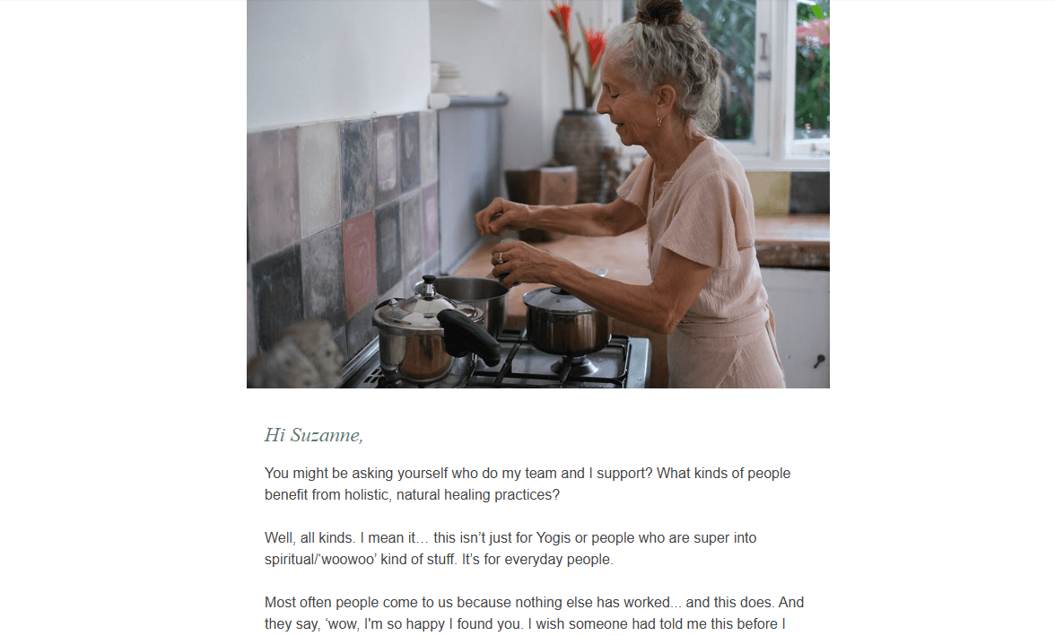 Hale Pule newsletter A screenshot from the top of a Hale Pule newsletter. The top half shows a photo of the founder Myra Lewin working over the stove. Below is a lengthy email with a personal greeting to the subscriber.