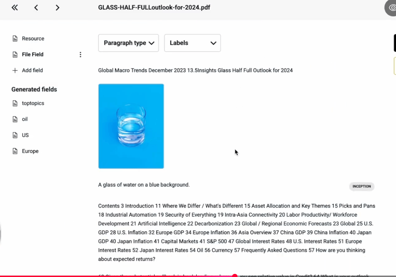 Image of 'glass half full PDF' is described accurately 'A glass of water on a blue background' by Progress Agentic RAG