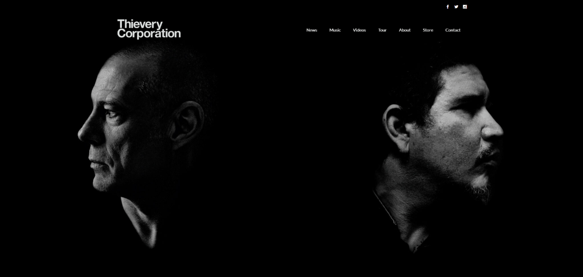 A screenshot of the hero section on the Thievery Corporation homepage. The musical partners face away from each other in grayscale portraits. Between and all around them is white space created by black shadows.
