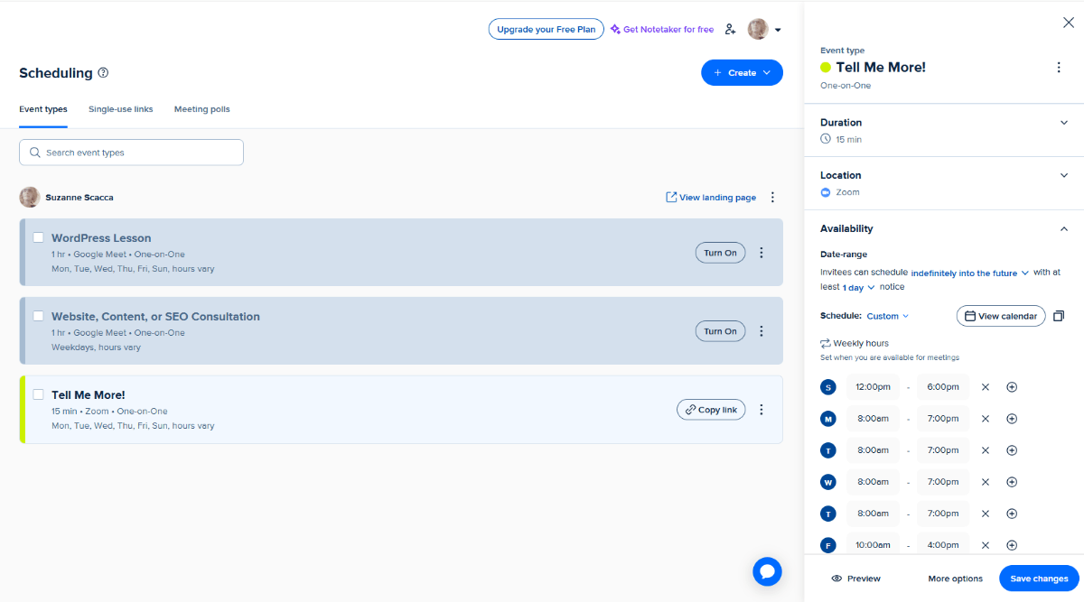 Calendly event editor A screenshot of the Scheduling section of Calendly. When a Calendly user chooses to edit an event, the list of available events on the schedule stay visible in the middle of the screen. On the right, a pop-up appears with editable info about the event.