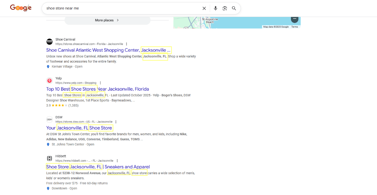 A search for ‘shoe store near me’ on Google shows a list of four organic website matches. Ones for Shoe Carnival, Yelp, DWS, and Hibbett. Keywords related to shoe stores and Jacksonville are highlighted in yellow in each search listing.