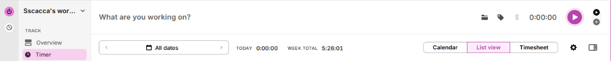 Toggle time tracker A look at the timer tool inside of Toggle. There’s a message at the top that asks “What are you working on?”. The user enters the task name and then clicks on the purple Start button on the right.